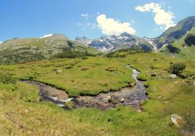 Ein Bach mäandert durch das Hochmoor des Höhkar